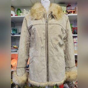 XOXO Cream Teddy Jacket with Faux Fur Trim